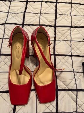 Jessica Simpson Red Patent Mary Jane Block Heel Pumps with Ankle Strap